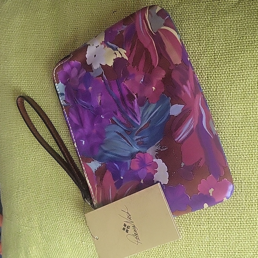 Patricia Nash leather wristlet, floral pattern in purple